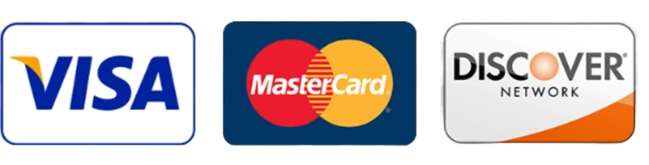 Visa, MasterCard, and Discover payment logos shown side by side